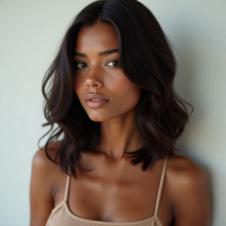 Cabelo de comprimento médio com pontas retas em mulher brasileira.