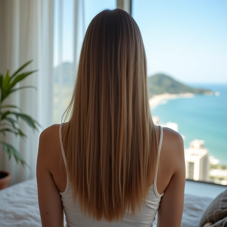 Cabelo liso de comprimento médio perfeitamente estilizado em apartamento moderno com vista para Copacabana.