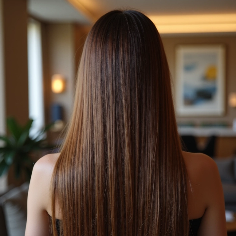 Cabelo liso elegante com corte em U visto de trás em hotel de luxo em São Paulo.