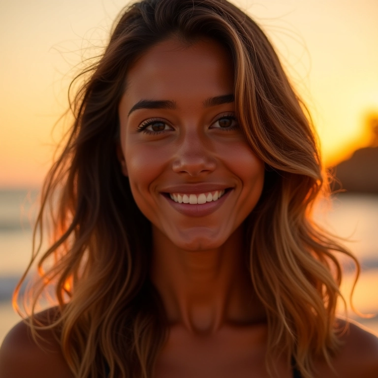 Cabelo loiro caramelo em pele morena sob a luz do pôr do sol.
