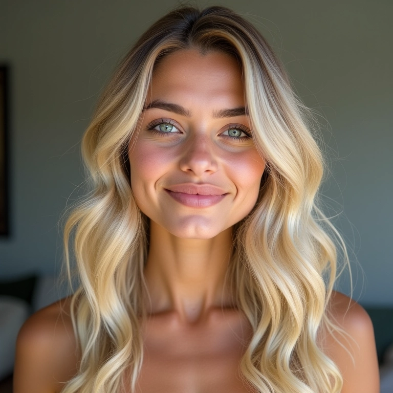 Cabelo loiro com babylights e ondas suaves.
