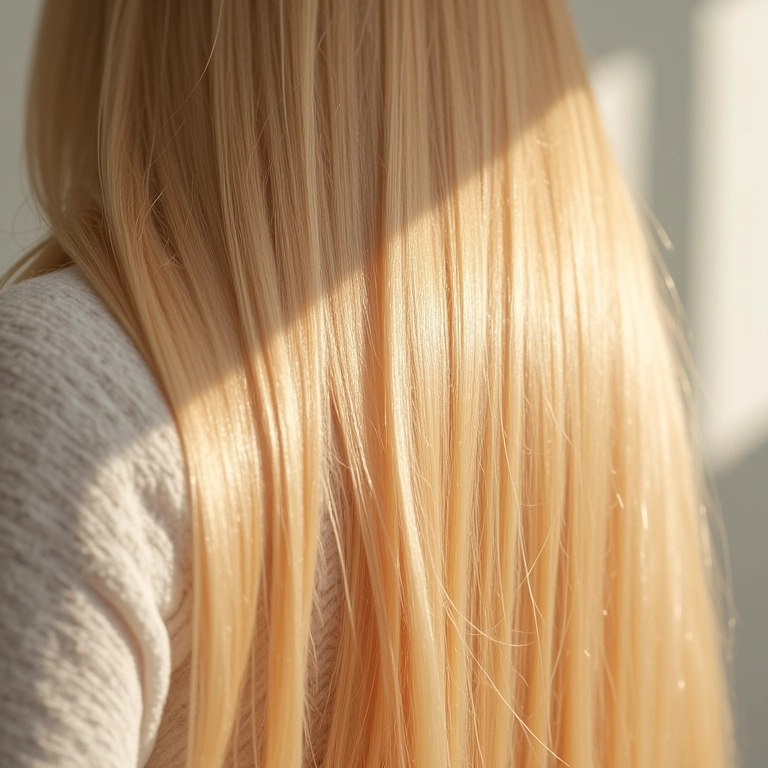 Cabelo loiro descolorido, saudável e brilhante após rotina de cronograma capilar.