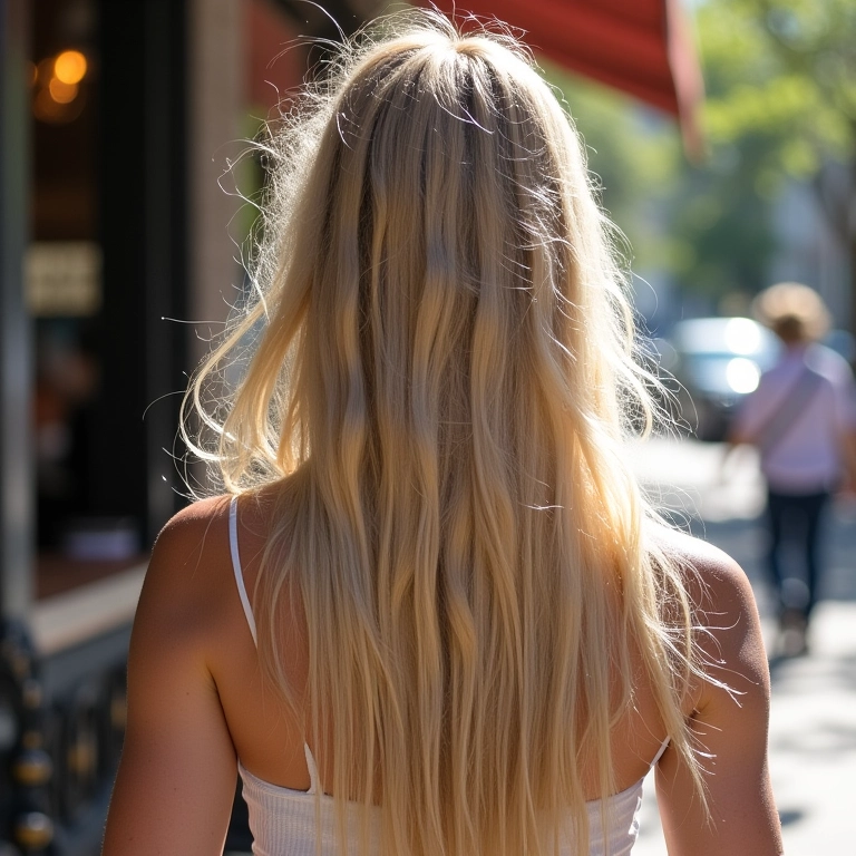 Cabelo loiro longo com pontas desfiadas em café ao ar livre.