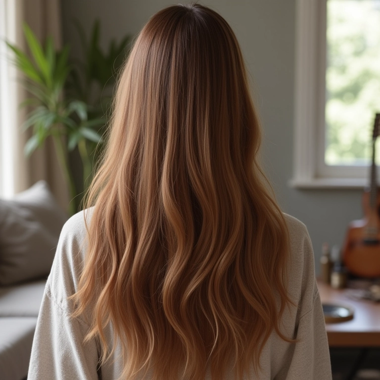 Cabelo longo castanho claro com repicado frontal em sala de estar boêmia.