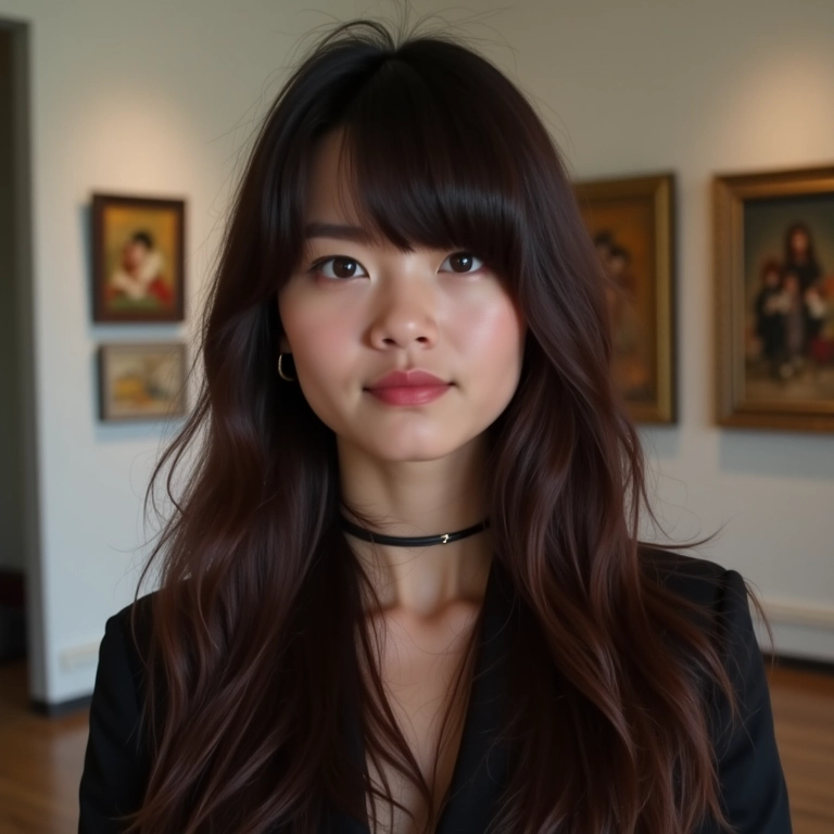 Cabelo longo castanho escuro com micro franja em galeria de arte moderna.
