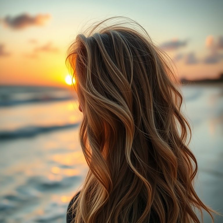 Cabelo longo com mechas californianas e ondas despojadas.