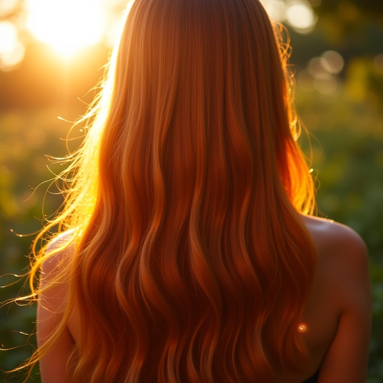 Cabelo longo e brilhante, hidratado e saudável sob a luz do sol.