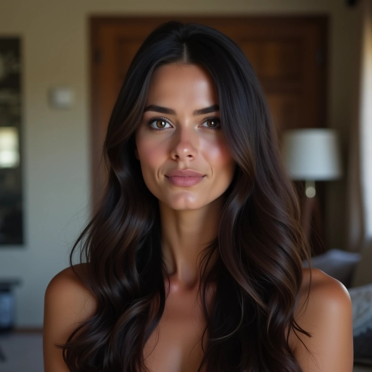 Cabelo longo loiro escuro com franja lateral alongada em um apartamento aconchegante.