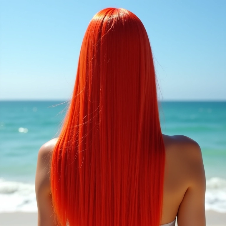 Cabelo longo ruivo vibrante com corte em V em praia da Bahia.