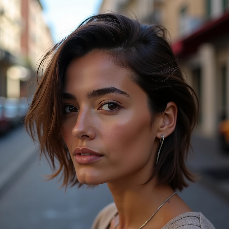 Cabelo médio repicado em mulher de rosto oval.