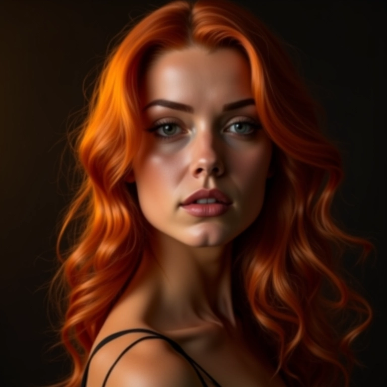 Cabelo ombré acobreado em uma mulher ruiva, com iluminação quente.