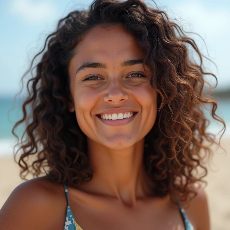 Cabelo ondulado natural em mulher de rosto oval.