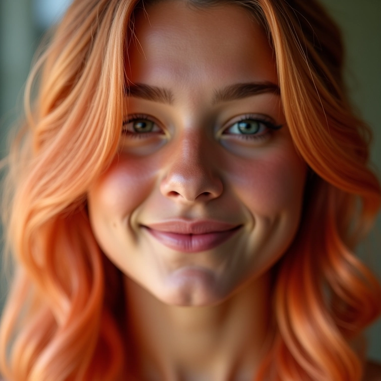 Cabelo pêssego vibrante e saudável com ondas suaves.