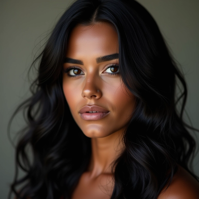 Cabelo preto com micro reflexos e maquiagem sutil.