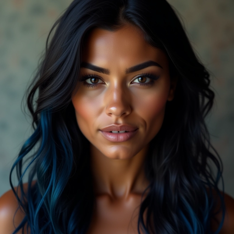 Cabelo preto com reflexos azuis em mulher brasileira.