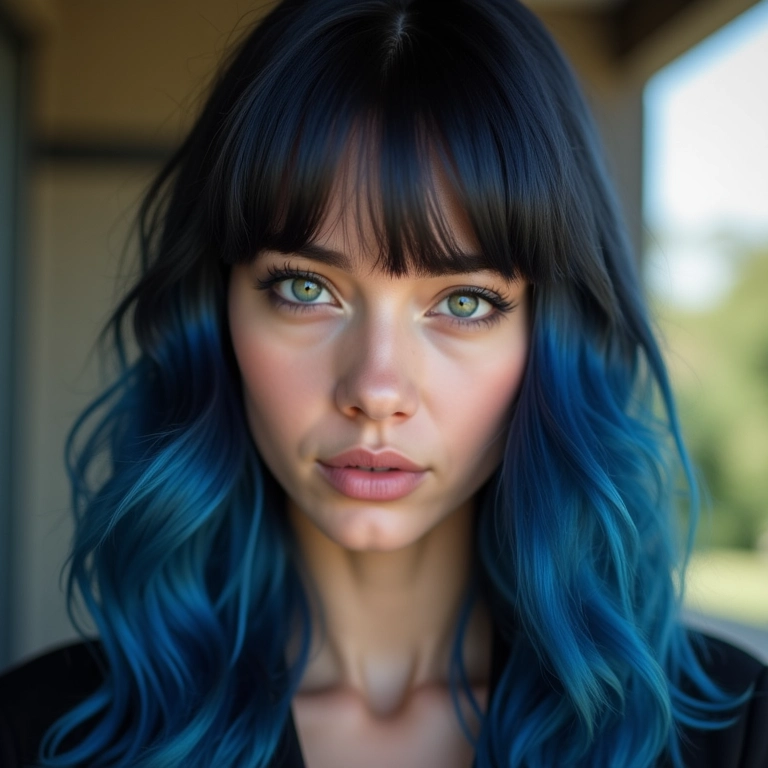 Cabelo preto com reflexos azuis sutis.