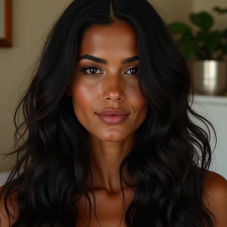 Cabelo preto com reflexos cor de mel em ambiente aconchegante.