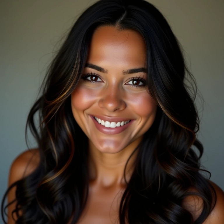 Cabelo preto com reflexos dourados e sorriso radiante.