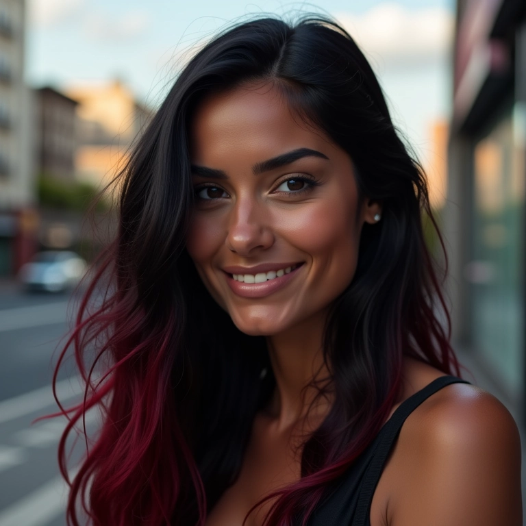 Cabelo preto com reflexos vermelhos em cenário urbano.