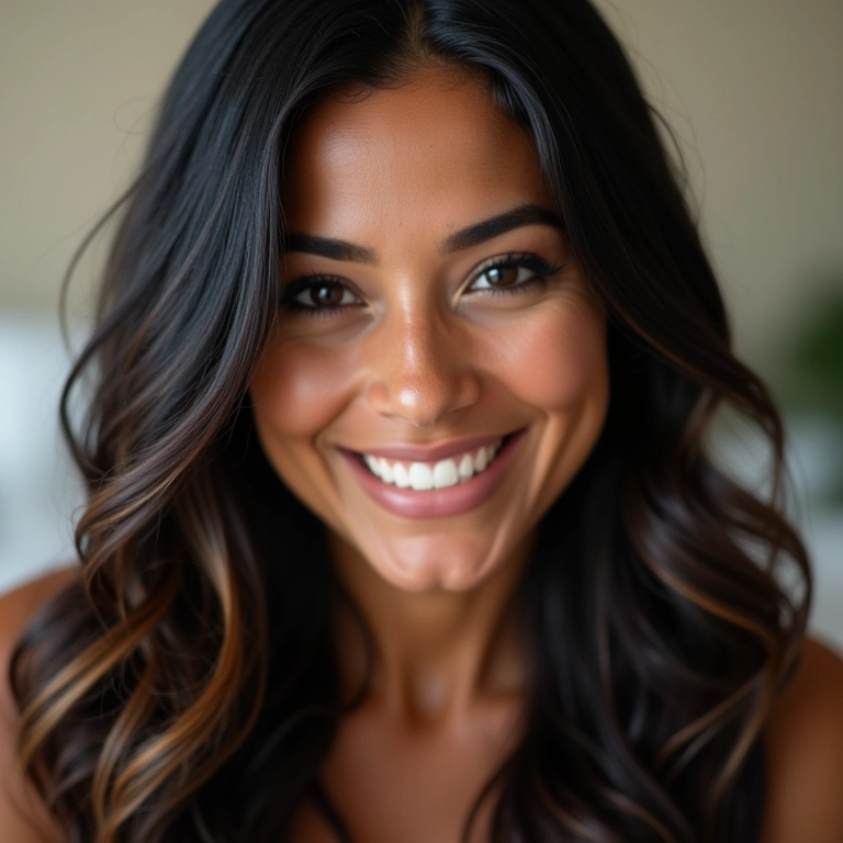 Cabelo preto com suaves reflexos cor de caramelo.