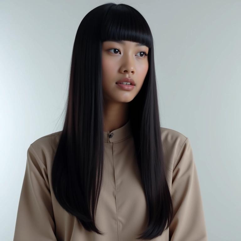 Cabelo preto longo com corte reto e base alongada em um estúdio minimalista.