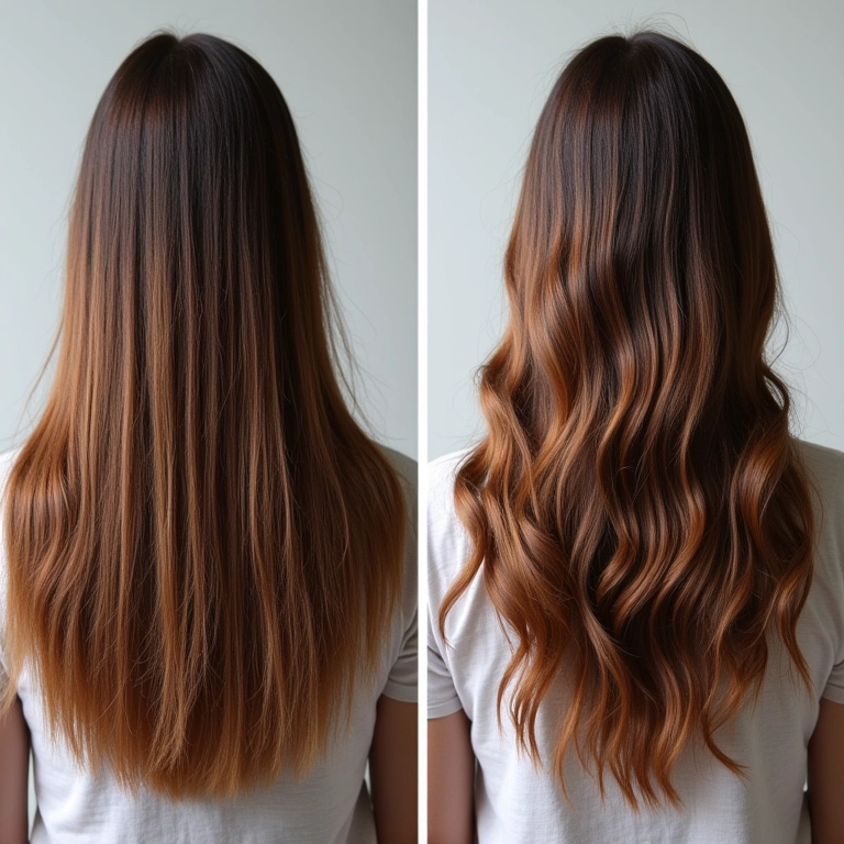 Cabelo ressecado sendo transformado em cabelo hidratado após umectação.