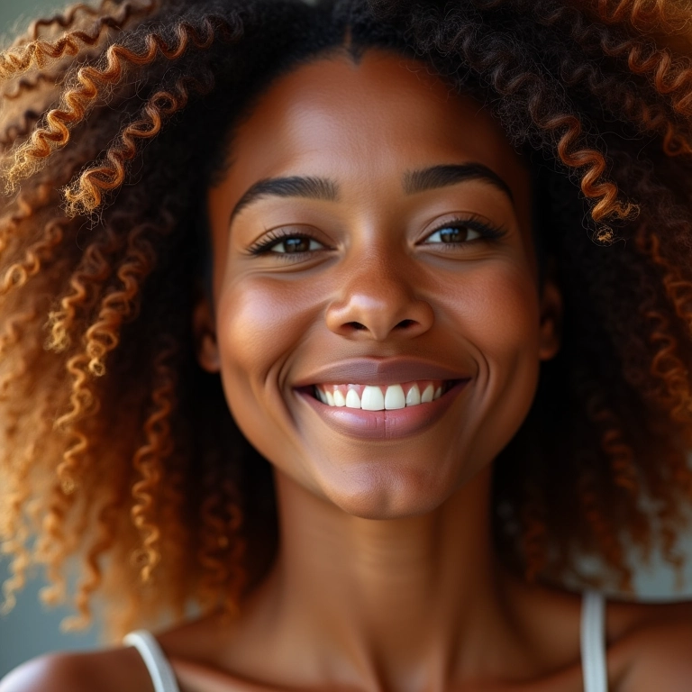Cabelo saudável e brilhante após tratamento com máscara capilar potente.