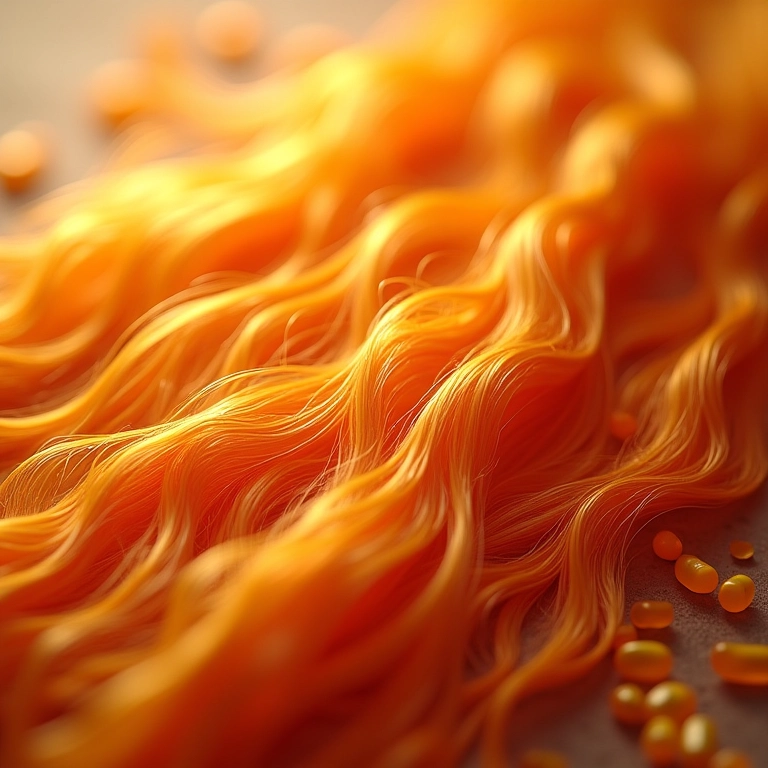 Cabelo saudável e brilhante com vitaminas ao redor.