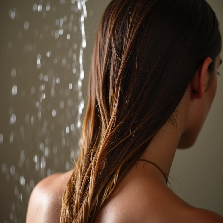 Cabelo sendo enxaguado com água morna no chuveiro.