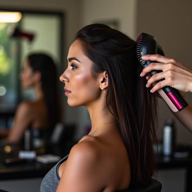 Cabelo sendo modelado com spray fixador com proteção térmica, secador ao fundo.