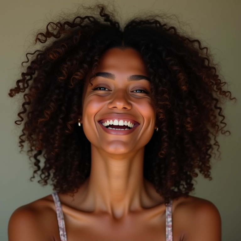 Cabelos cacheados com volume controlado em mulher brasileira.