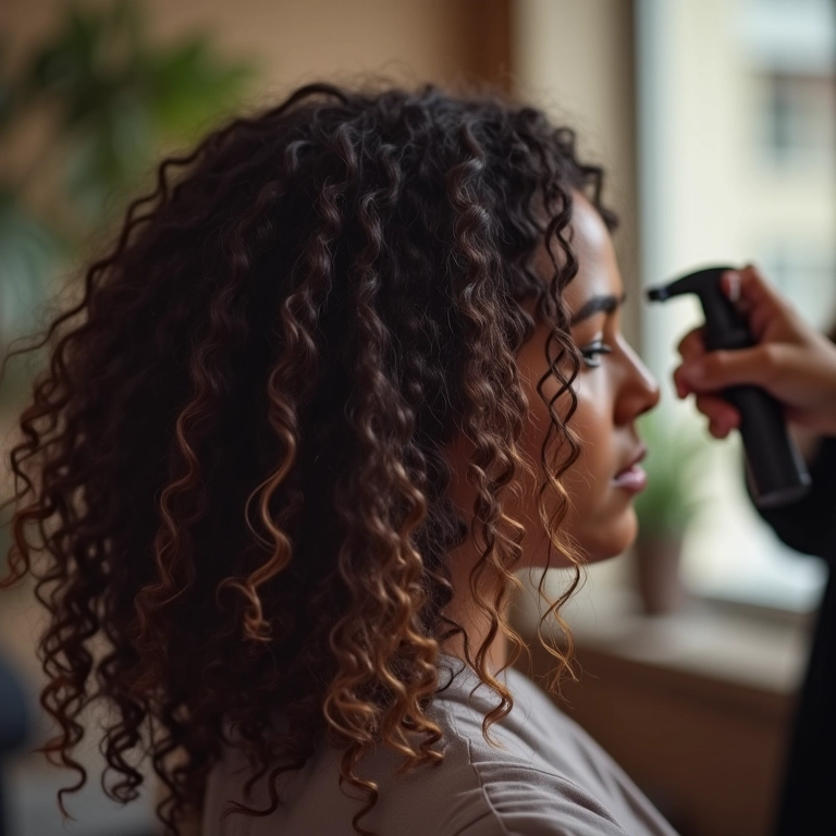 Cabelos cacheados recebendo aplicação de spray antifrizz.
