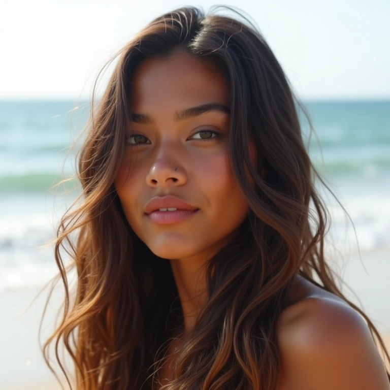Cabelos longos com camadas suaves em mulher brasileira na praia.