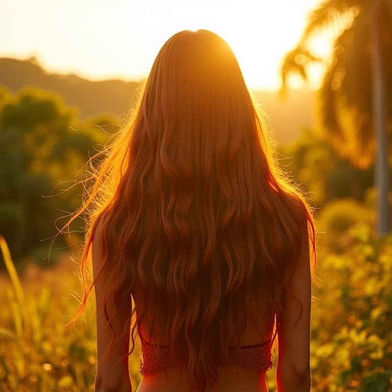 Cabelos longos e saudáveis brilhando sob o sol em paisagem brasileira.