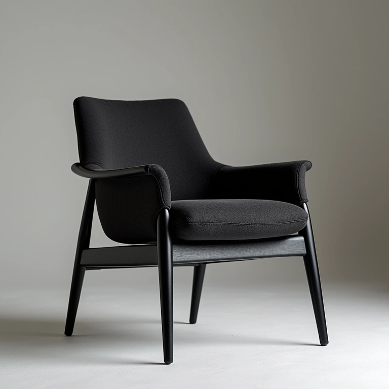 Cadeira moderna com design em preto e madeira.
