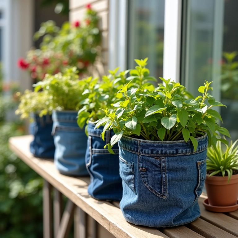 Calças jeans transformadas em vasos de plantas estilosos em varanda.