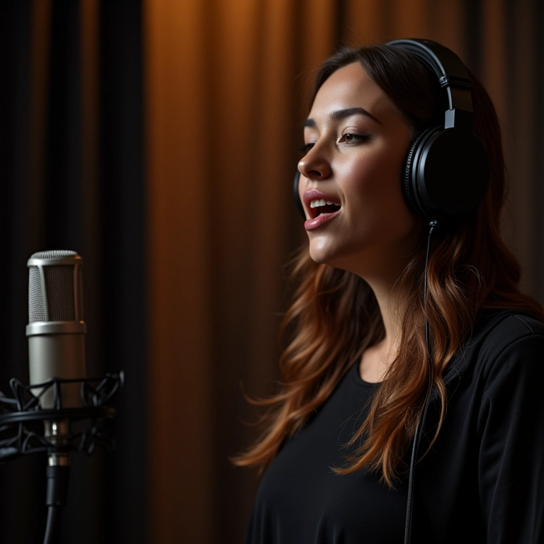 Cantor em cabine de gravação com vocais sendo otimizados por equalização.