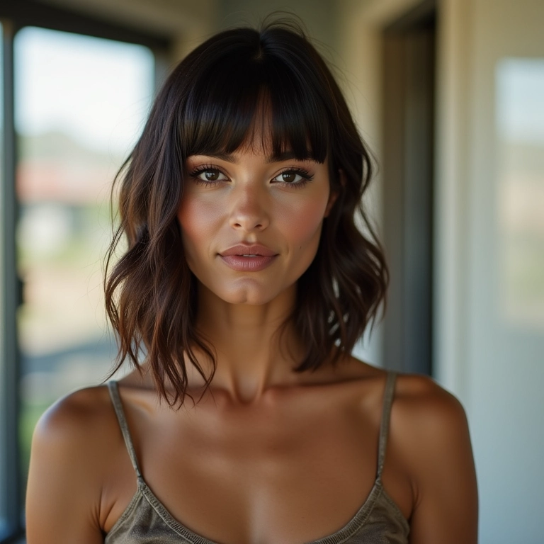 Celebridade com corte long bob, exibindo estilo e sofisticação.