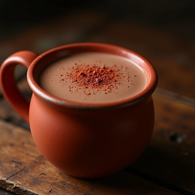 Chocolate quente apimentado com pimenta caiena em caneca de terracota.