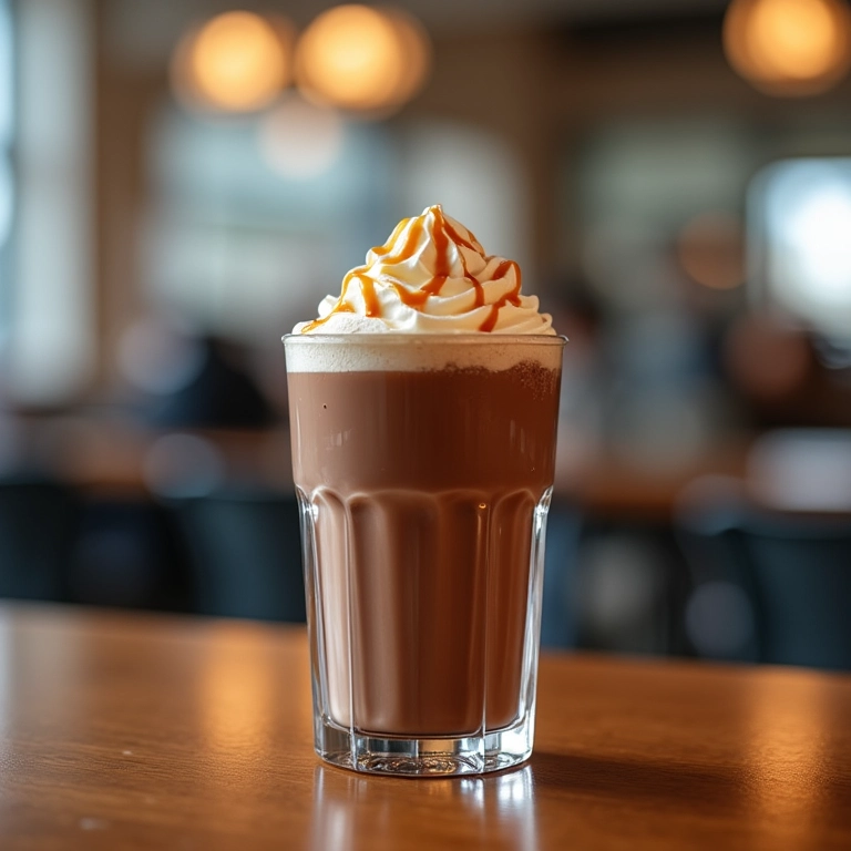 Chocolate quente com calda de caramelo salgado em copo alto.