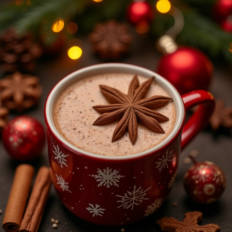 Chocolate quente com canela e noz-moscada em caneca festiva.
