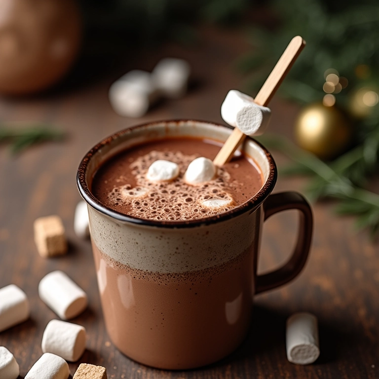 Chocolate quente com marshmallows caseiros espetados em palitos de madeira.