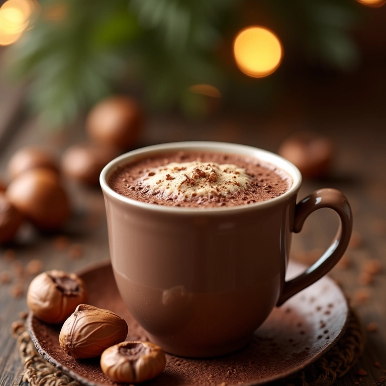 Chocolate quente com Nutella e avelãs servido em caneca estilosa.