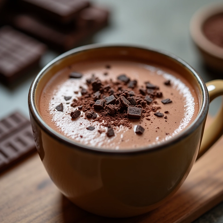 Chocolate quente cremoso com raspas de chocolate amargo em xícara de cerâmica.