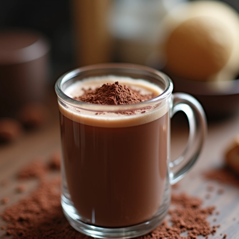 Chocolate quente simples com achocolatado em caneca de vidro.