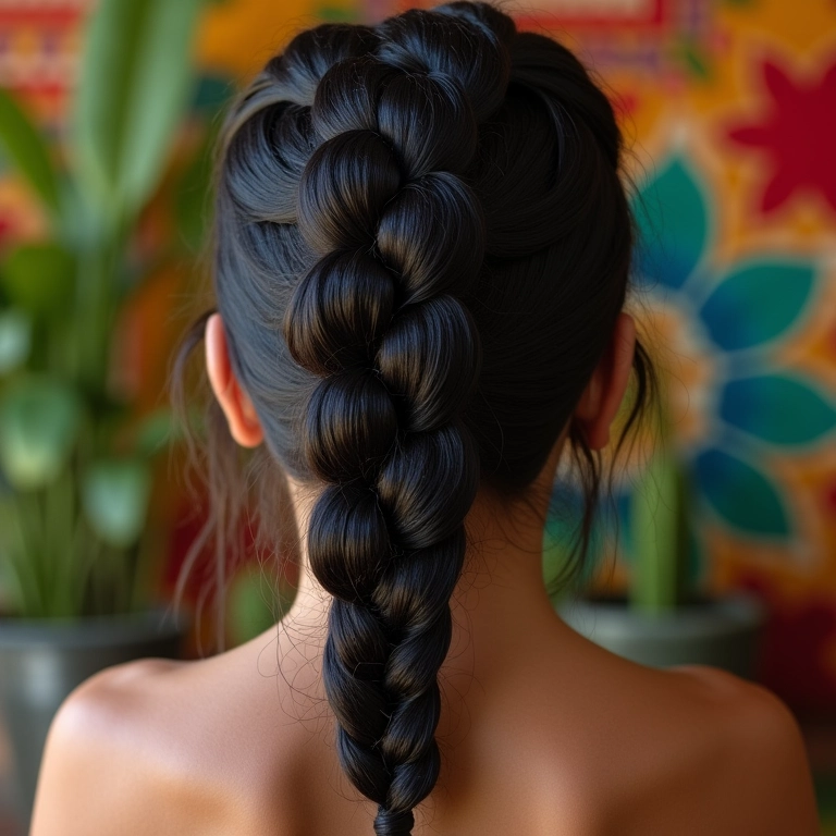 Close da trança embutida em cabelo escuro com detalhes intrincados, estilo Farm Rio.
