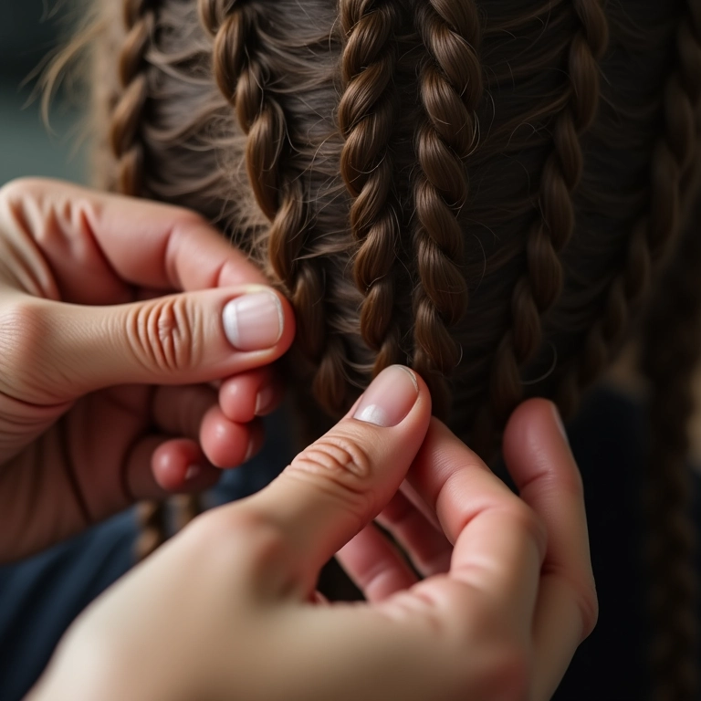Close-up de mãos trançando cabelo com detalhes intrincados.