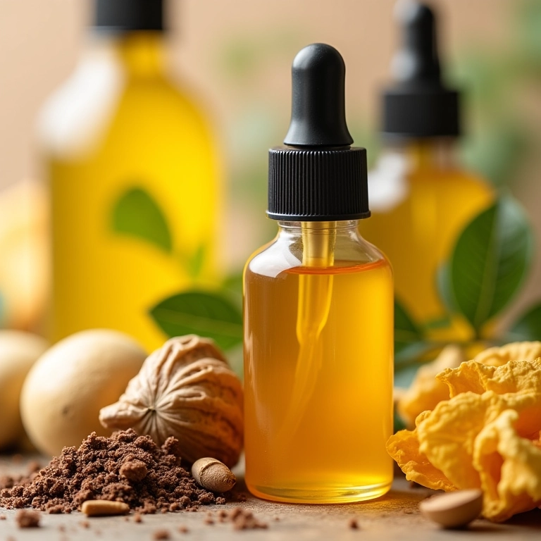 Close-up de produtos naturais para cabelo com ingredientes naturais.