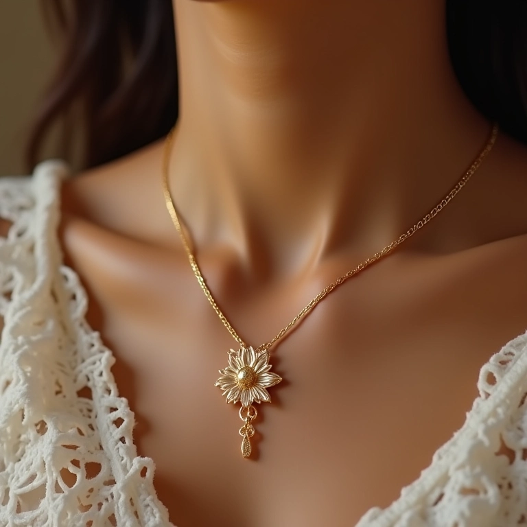 Colar de ouro delicado com pingente floral em mulher com blusa de renda.