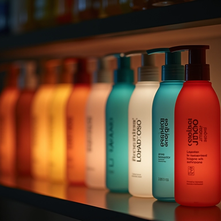 Coleção de frascos de shampoo iluminador de marcas confiáveis em uma prateleira.